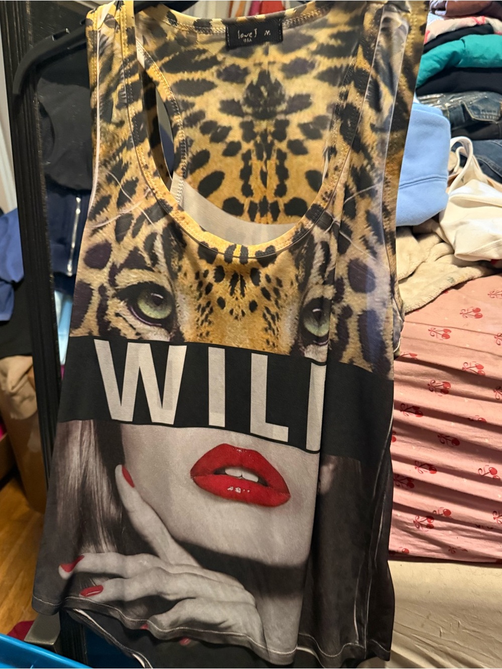 Forever 21 Yellow/Black Leopard Graphic Tank Top with Red Lip Detail
